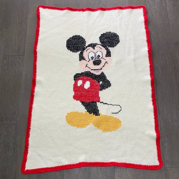 Vintage Knitted Mickey Mouse Blanket Throw Needlecraft Cross Stitch Handmade - Picture 1 of 4